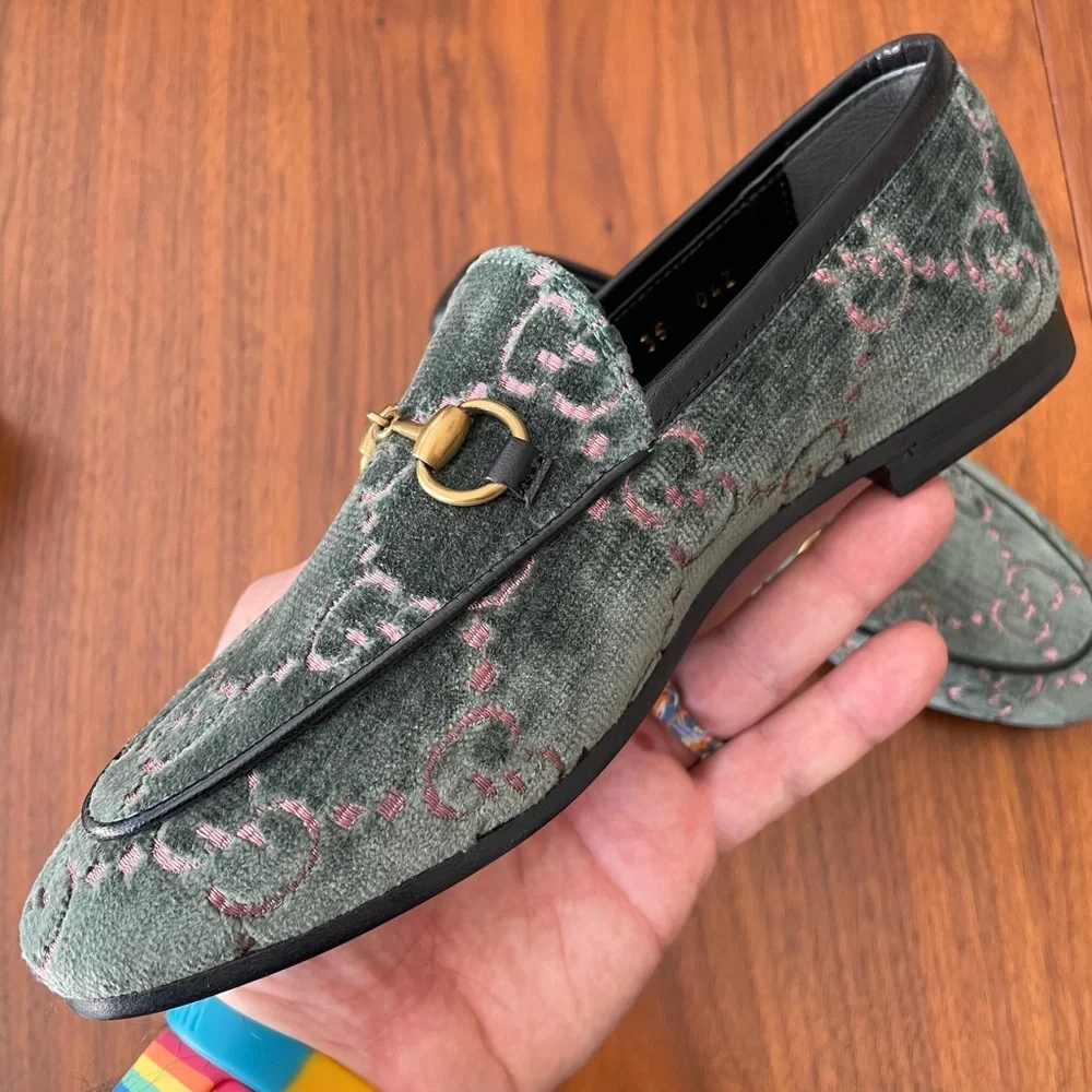 Gucci Horsebit Logo Loafers Velvet with Leather Trim Size 35 - Picture 6 of 12